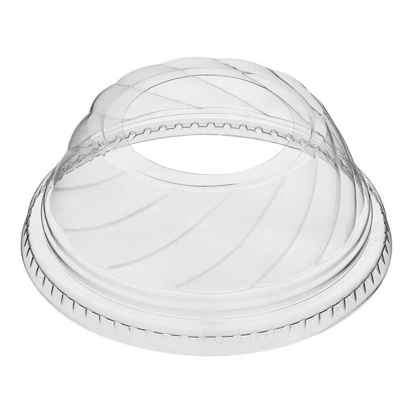 A clear plastic low dome lid with a hole over a clear plastic container.