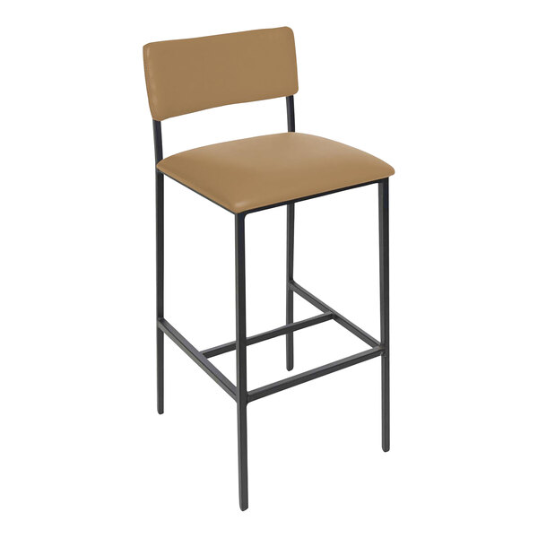 A BFM Seating Meghan counter height barstool with a tan vinyl back and seat and black frame.