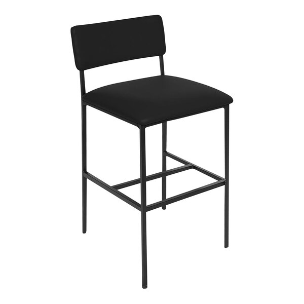 A BFM Seating black steel barstool with black vinyl seat and backrest.