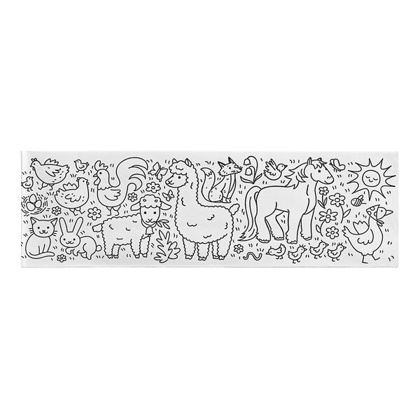 A black and white drawing of animals and flowers on a white Choice Kids Farm coloring cap.