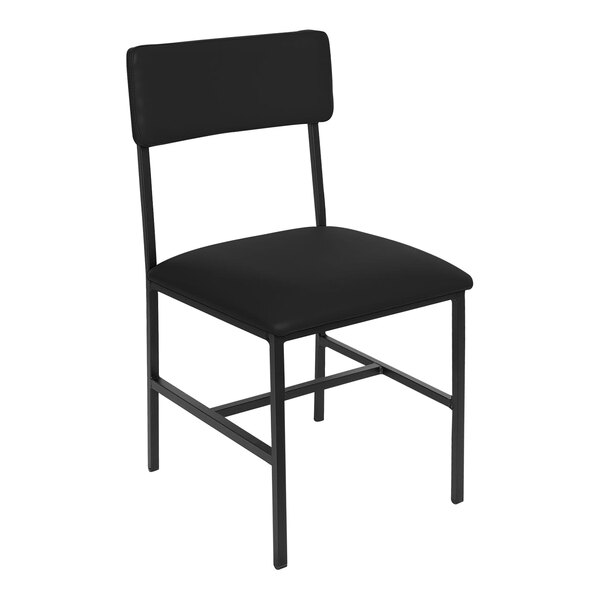 A BFM Seating black steel side chair with black vinyl seat and backrest.