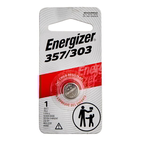 A package containing one Energizer 357/303 1.5V silver oxide button cell battery.