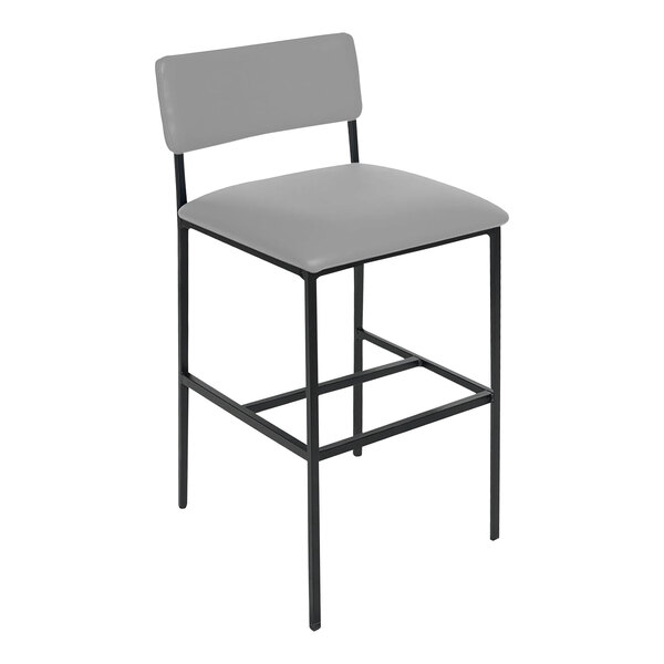 A BFM Seating Meghan gray vinyl barstool with a black frame.