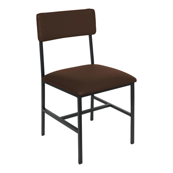 A brown BFM Seating side chair with black legs.