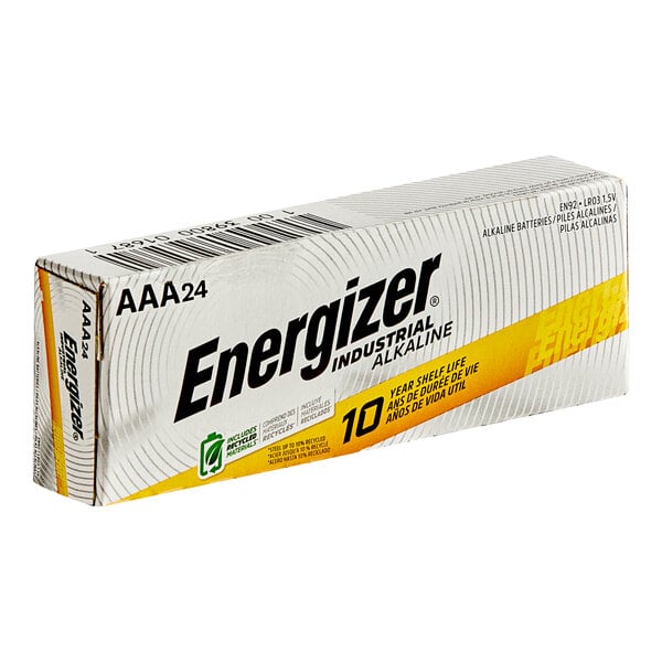 A white and yellow box of Energizer Industrial AAA Alkaline Batteries with black text.