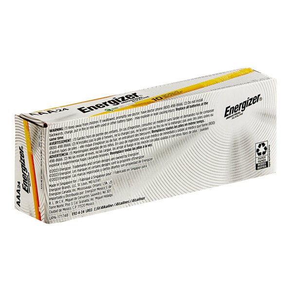A white box with black and yellow text that reads "Energizer Industrial AAA 1.5V Alkaline Battery EN92 - 24/Pack"