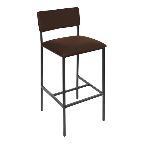 A brown vinyl BFM Seating counter height barstool with a black frame.