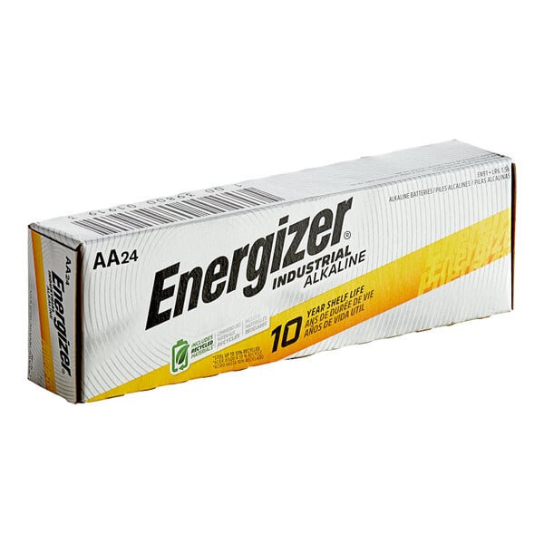 A white and yellow package of Energizer Industrial AA batteries with black text.