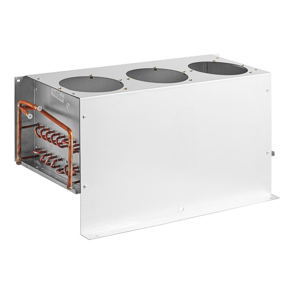 A white rectangular Avantco condenser coil with four holes.