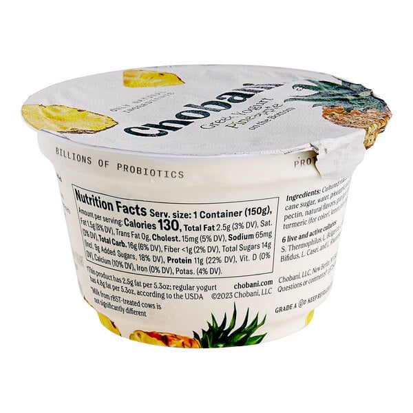 A Chobani low-fat pineapple Greek yogurt container.