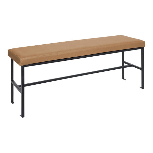 A BFM Seating Meghan bench with a tan vinyl seat and black frame.