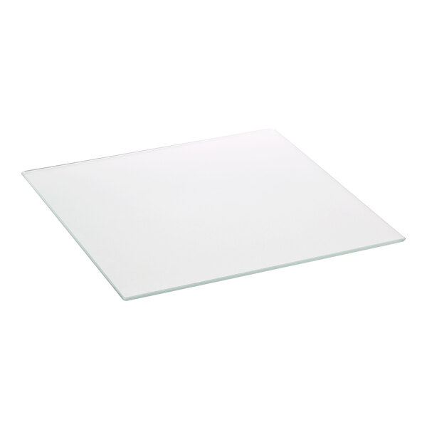 An Avantco square glass shelf with white trim.