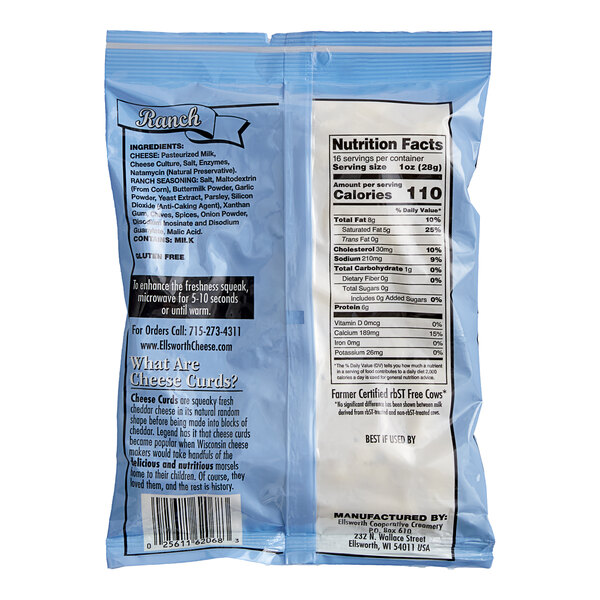 A blue bag of Ellsworth Cooperative Creamery Natural Ranch Cheddar Cheese Curds.