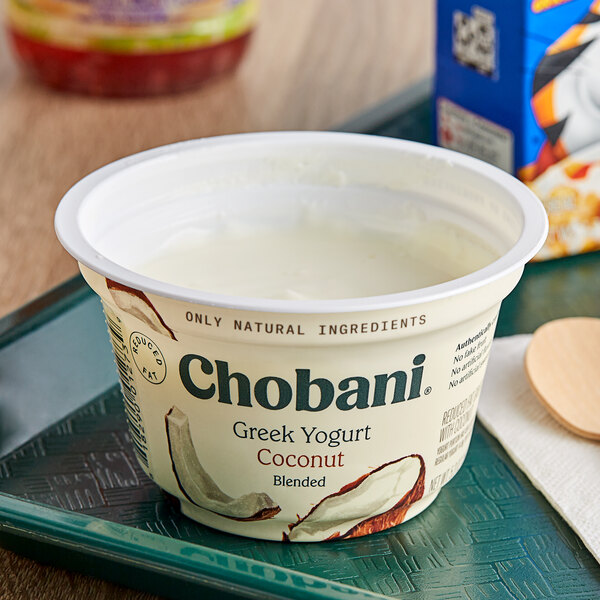 A white bowl of Chobani Low-Fat Coconut Greek Yogurt.