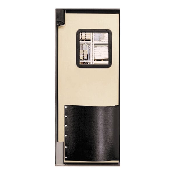 A tan and black Chase Doors traffic door with window.