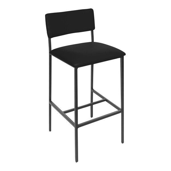 A black BFM Seating steel counter height bar stool with a black vinyl seat and backrest.