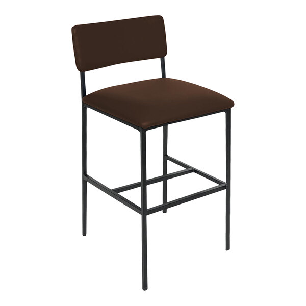 A BFM Seating brown vinyl barstool with black legs.