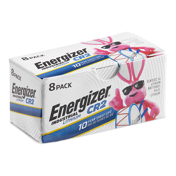 A white box with blue and white text reading "Energizer Industrial CR2 3V Lithium Battery ELN1CR2-8 - 8/Pack"