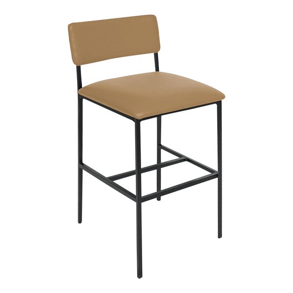 A BFM Seating black powder-coated steel barstool with a tan vinyl seat and back.