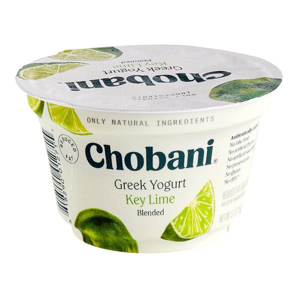 A case of 12 Chobani Low-Fat Key Lime Greek Yogurt containers with white and green labels.
