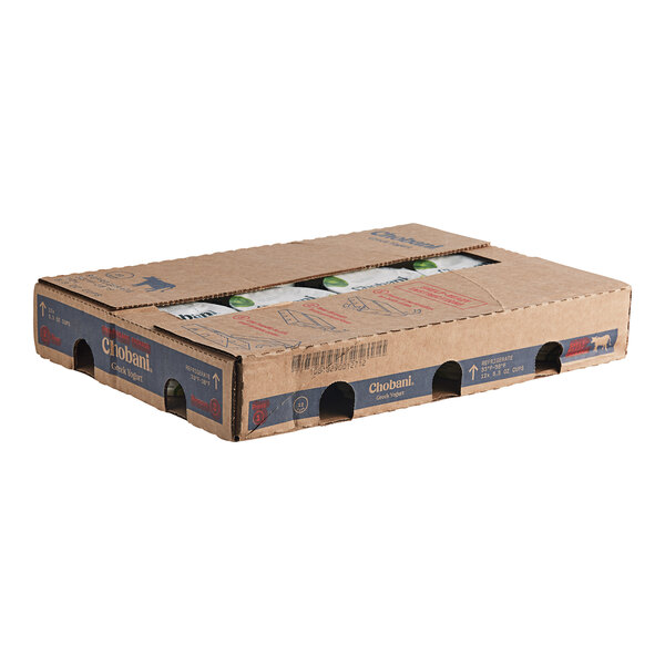 A cardboard box with twelve Chobani Key Lime Greek Yogurts inside.