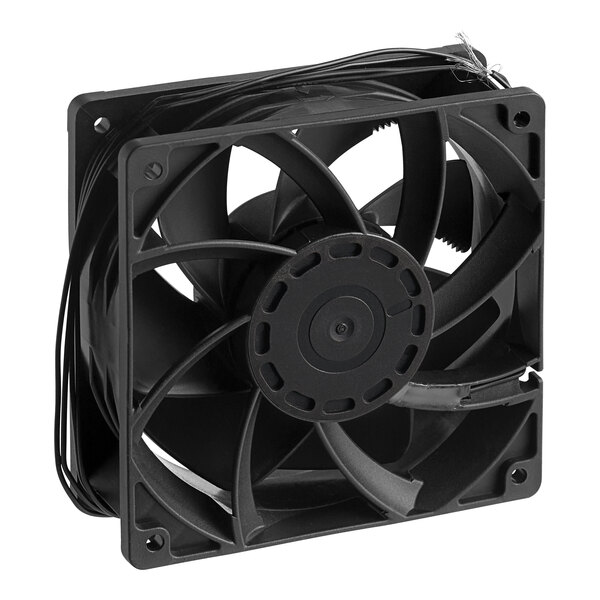 An Avantco black evaporator fan motor with wires.