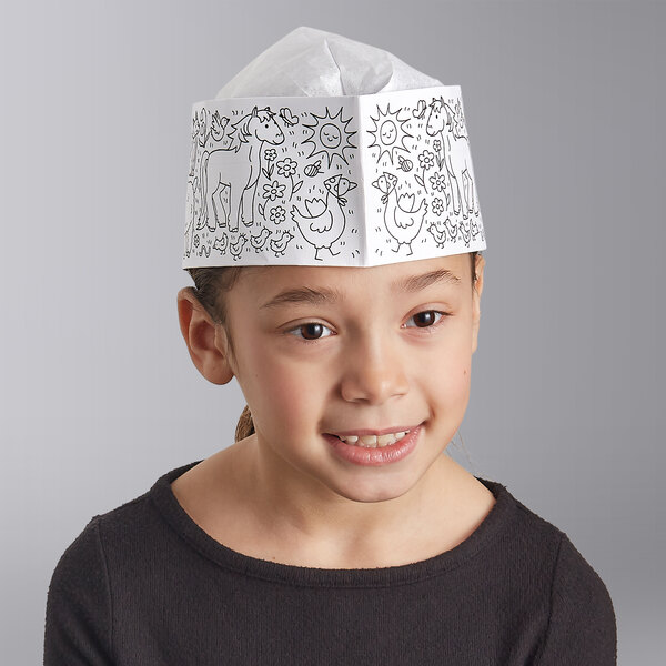 A girl wearing a Choice Kids farm coloring paper hat.