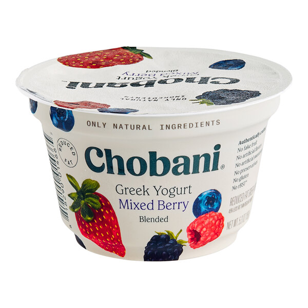 A white Chobani container of mixed berry Greek yogurt.