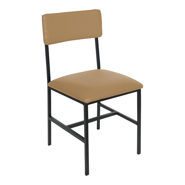 A BFM Seating Meghan side chair with tan vinyl seat and backrest on a black frame.