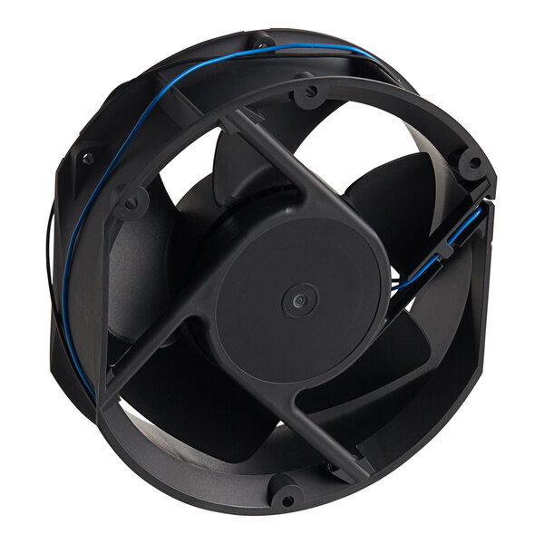 A black Avantco condenser fan motor with blue wires.