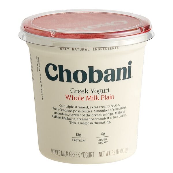 A plastic container of Chobani Whole Milk Plain Greek Yogurt.