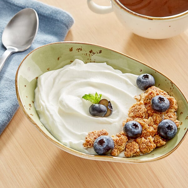 A bowl of Chobani Whole Milk Plain Greek Yogurt with blueberries and granola.
