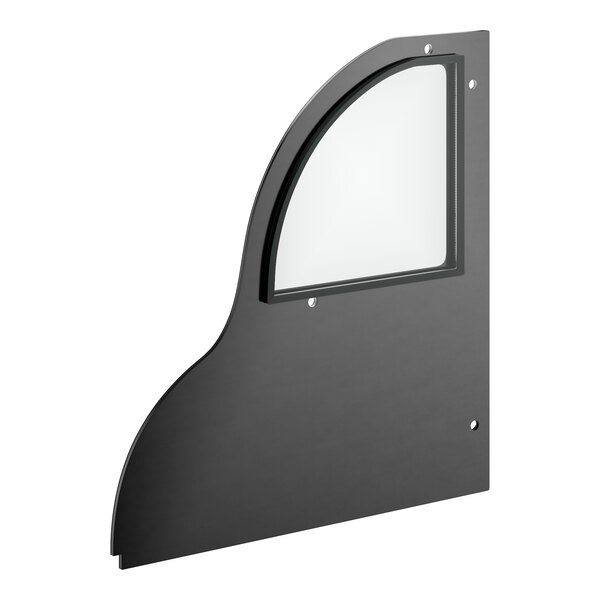 A black metal panel with a white glass window on the right side.