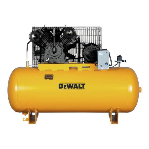 A yellow DeWalt air compressor with black engines.
