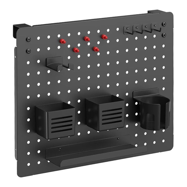 A black Kantek pegboard with black drawers and cups attached.