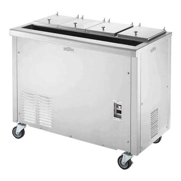 A large silver Stoelting refrigerated dipping cabinet on wheels.