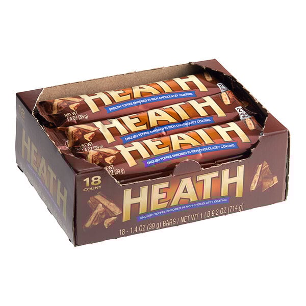 A box of 18 individually wrapped Heath Toffee candy bars.
