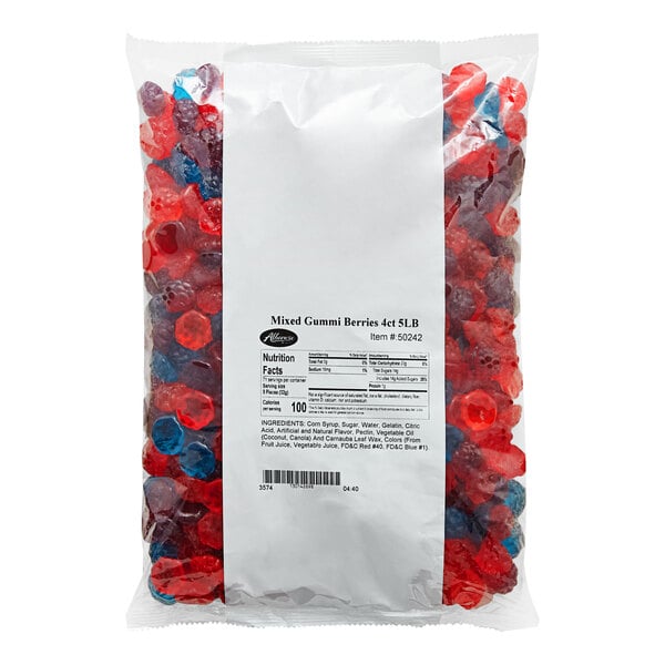 A bag of Albanese Mixed Gummi Berries with red and blue gummy candies.