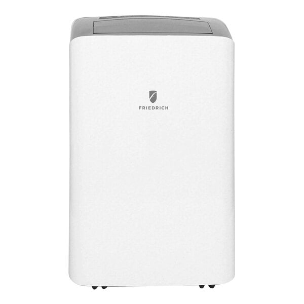 A white rectangular portable air conditioner with wheels and a logo.