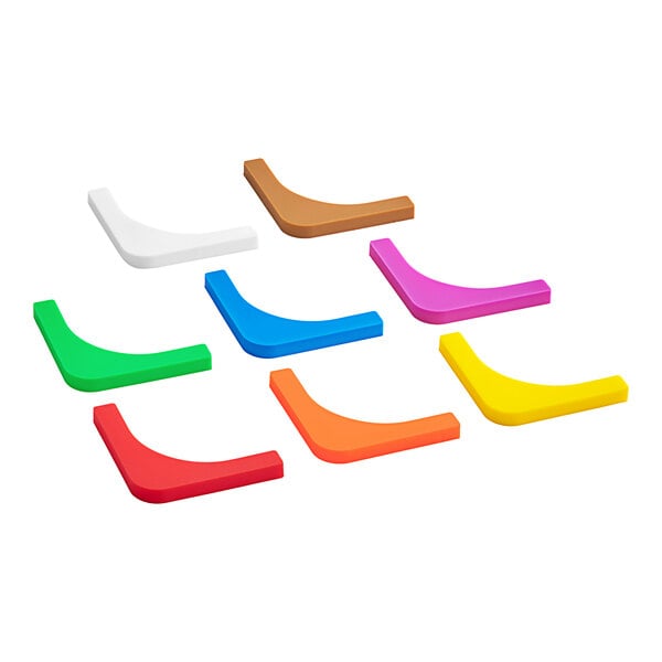 A set of colorful plastic Choice Food Pan corner labels.