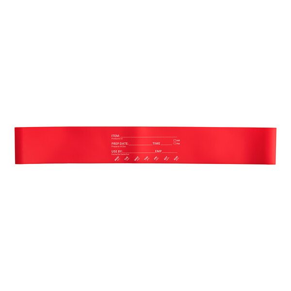 A red rubber band with white text.