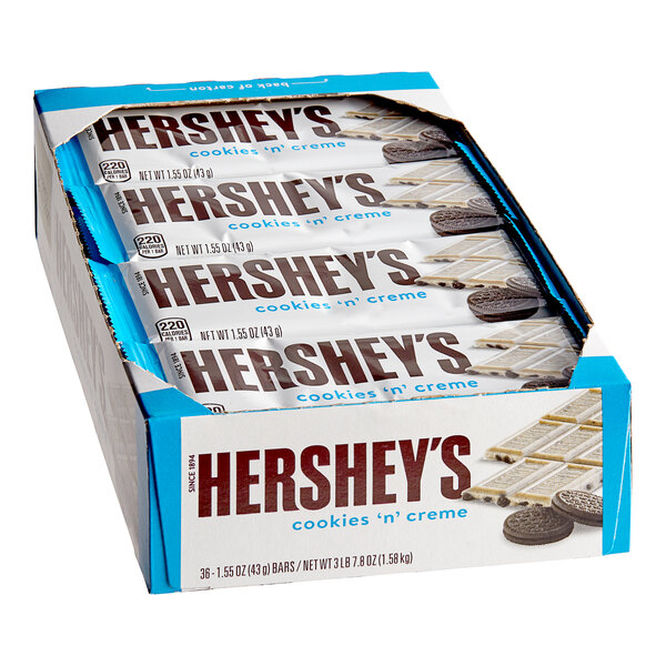 A white box of 36 Hershey's Cookies n' Creme chocolate bars.