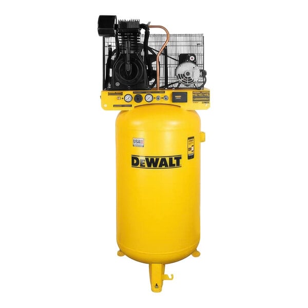 A yellow DeWalt air compressor with black and white text on the cylinder.