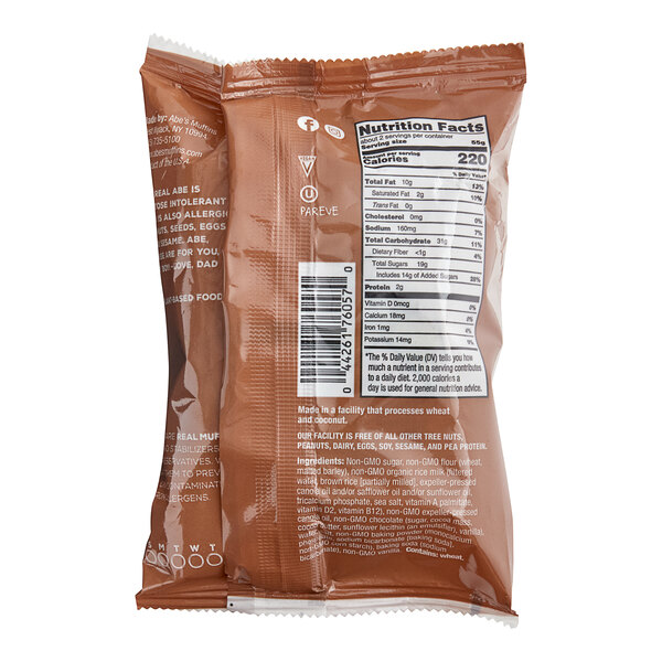 The back packaging and ingredient label of Abe's one big muffin vegan chocolate chip muffin.