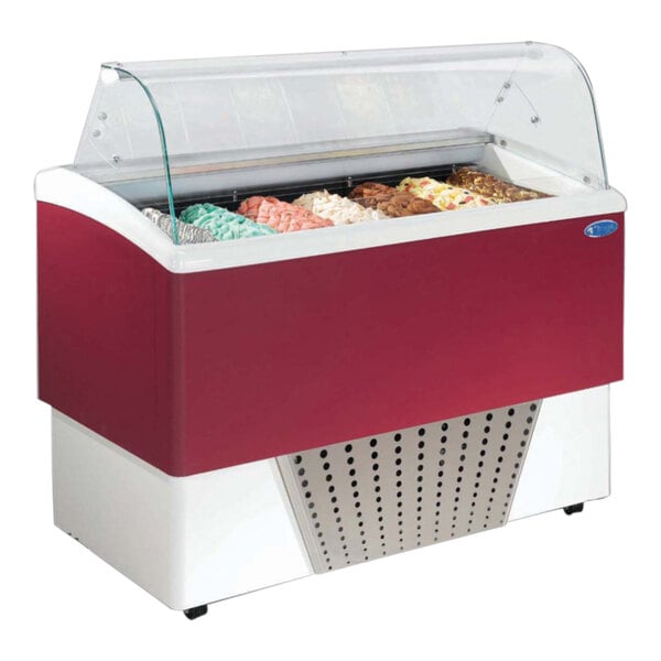 A red Stoelting Brio gelato display cabinet with ice cream inside.