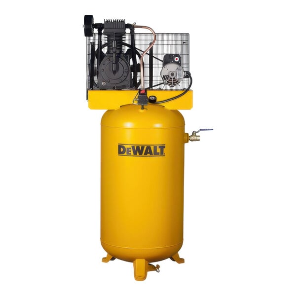 A yellow DeWalt air compressor with black text and a black air tank.