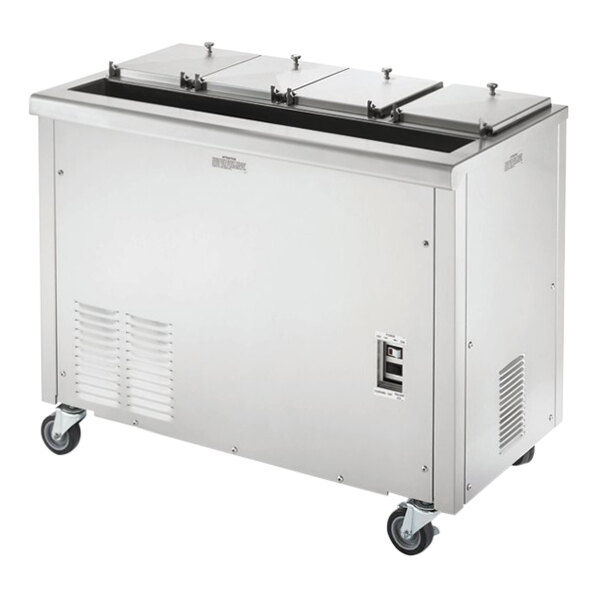 A large silver Stoelting refrigerated ice cream dipping cabinet with wheels.