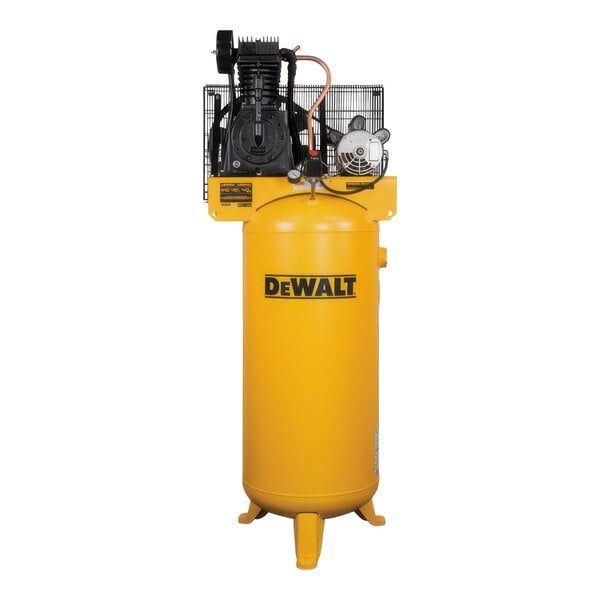 A yellow DeWalt air compressor tank with black text.