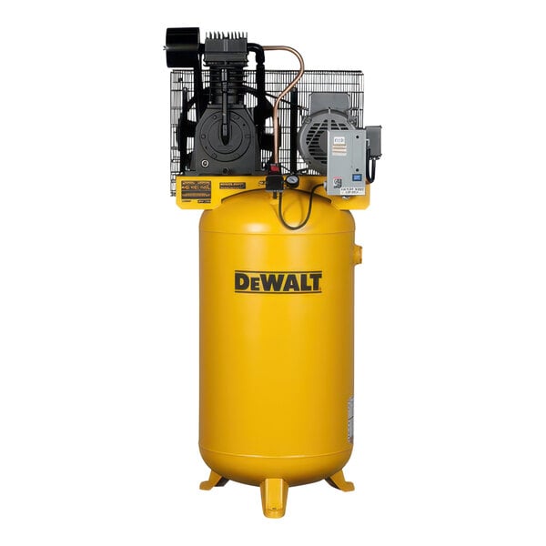 A yellow and black DeWalt air compressor with black text on the tank.