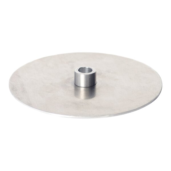 A round, flat metallic disc with a cylindrical hub in the center, photographed on a white background.